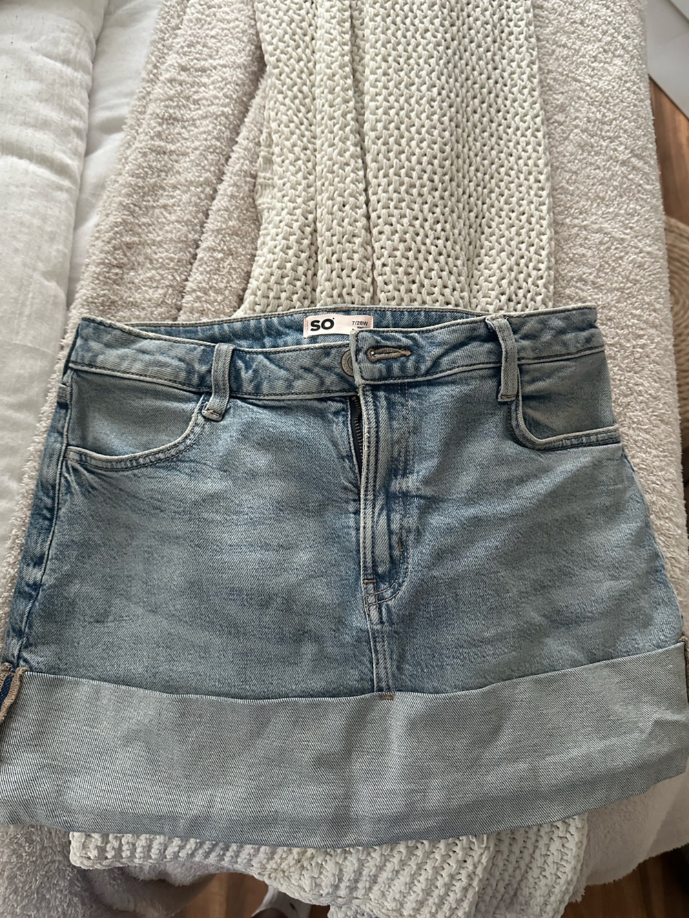 SO Washed Light Blue Denim Mini Skirt with Rolled Hem